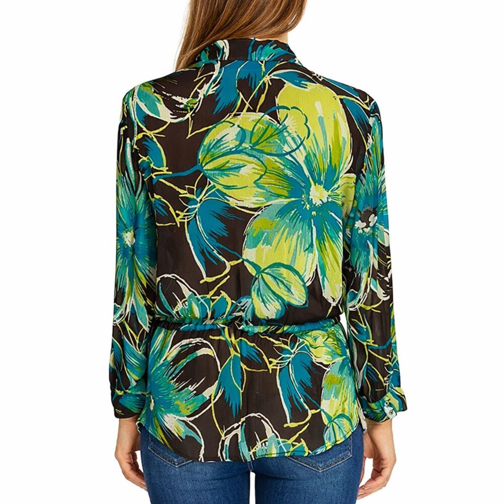 Chico's Silk Tropical Brown & Blue Floral Tunic Top Size 2 (12) LIKE NEW - Picture 2 of 14
